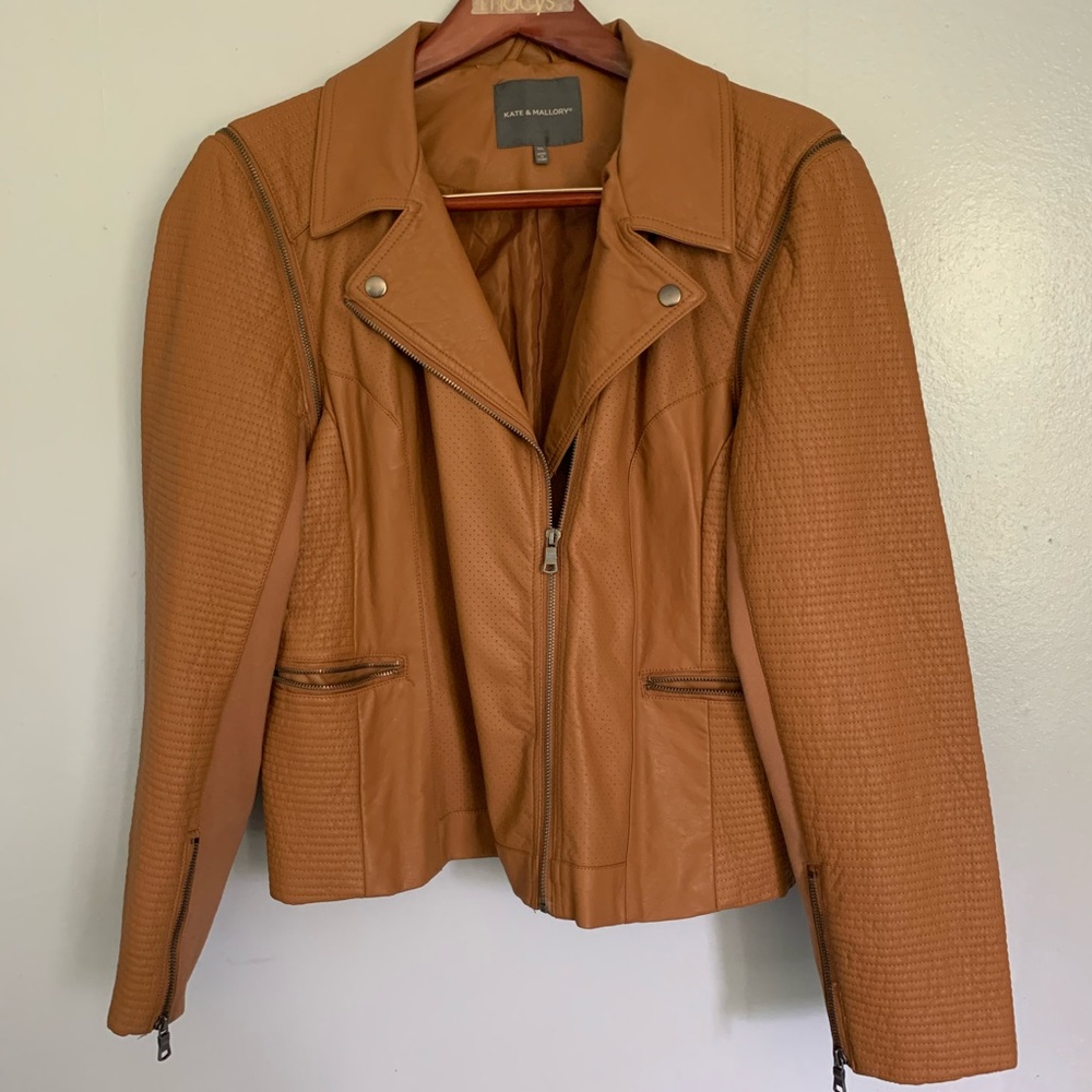 EUC Kate & Mallory Convertible Cognac Leather Vest Moto Jacket Perforated Detail